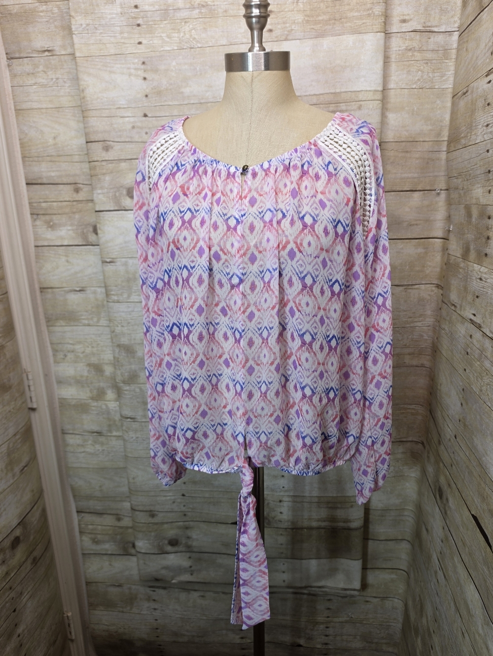 Women's Pink Patterned Peasant Blouse with Tie Front
